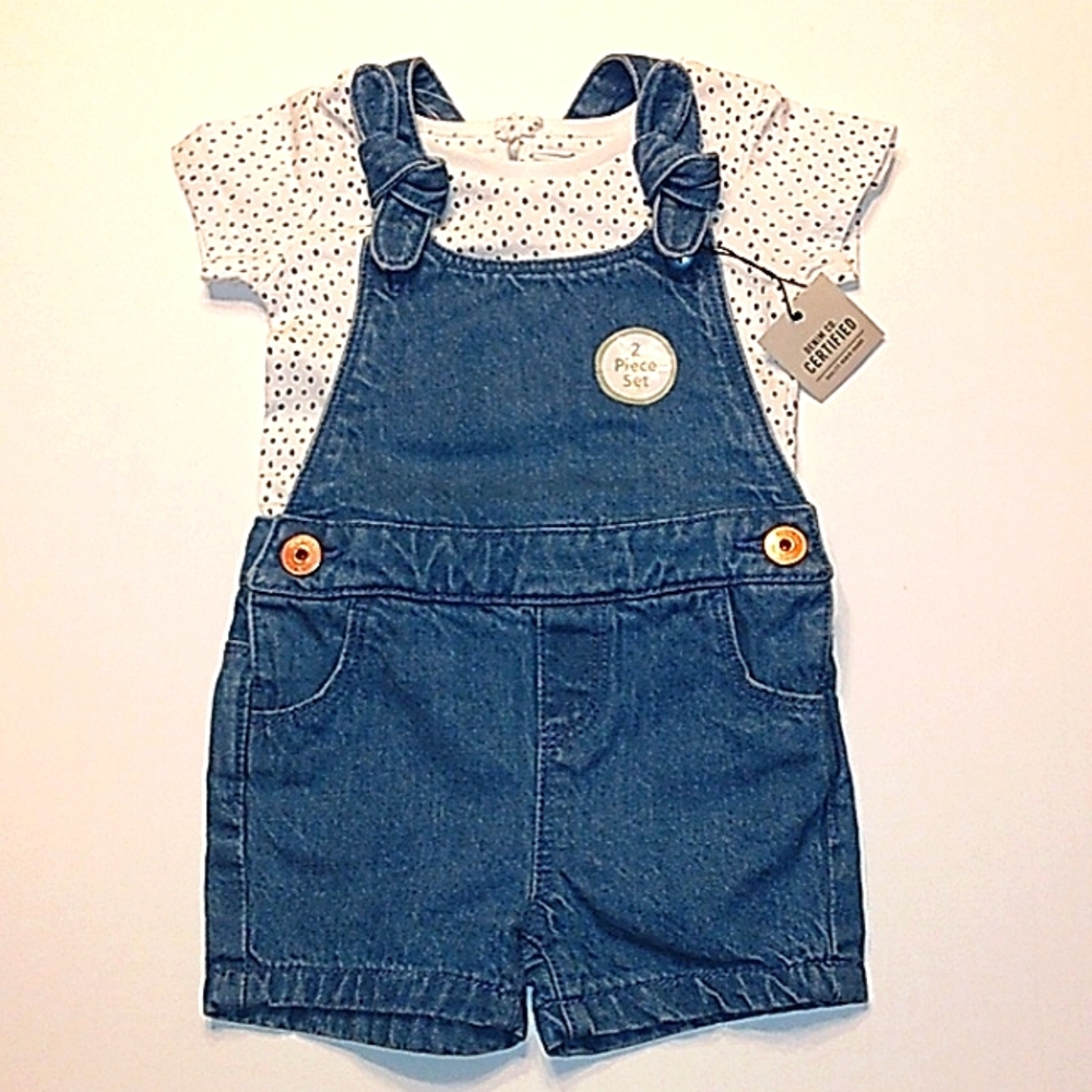 NWT Primark Baby Girl 2 pc Denim Overalls & Tee Set 3-6mo.